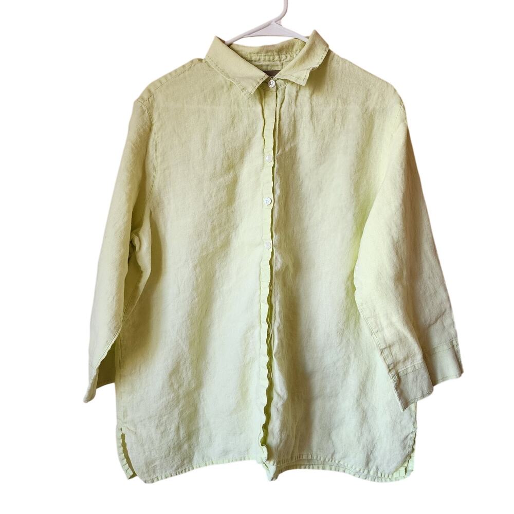 Liz Clairborne Lizwear Shirt Womens Size XL Green Linen 3/4 Sleeve Button Up